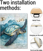 Coastal Sea Turtle Canvas Wall Art Turtle Nautical Ocean Theme Print Poster Framed Picture Painting for Home Beach House Bedroom Wall Decor 11x15 Inch