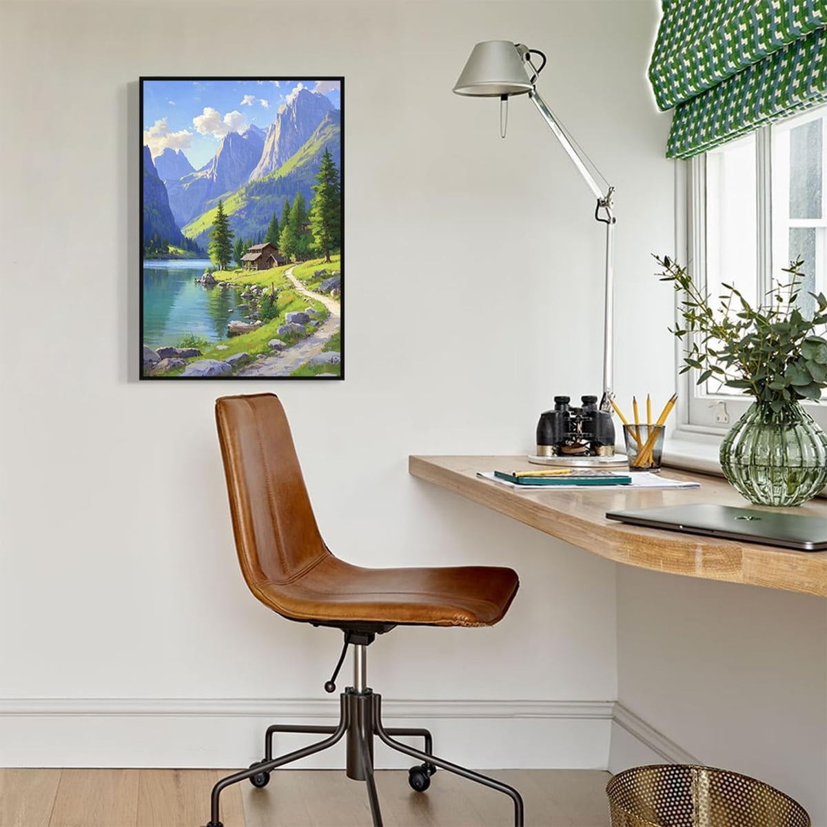 Landscape wall painting of mountain forest lakeside cabin under blue sky and white clouds natural oil painting poster suitable for living room bedroom office