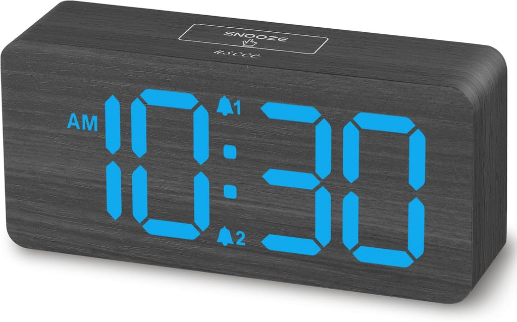 uscce Wooden Digital Alarm Clocks for Bedrooms: Dimmable Dual Alarm Clock with Large Numbers for Bedside Desk - Loud Alarm for Heavy Sleepers with Volume Control - Wood Decor & Gifts