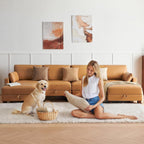U-Shape Modular Sofa Couch 128" Modern 4-Seat Sofa with Chaises, Upholstered Sectional Couch with Wood Square Legs for House, Living Room, Reception Room, Apartment, Tan