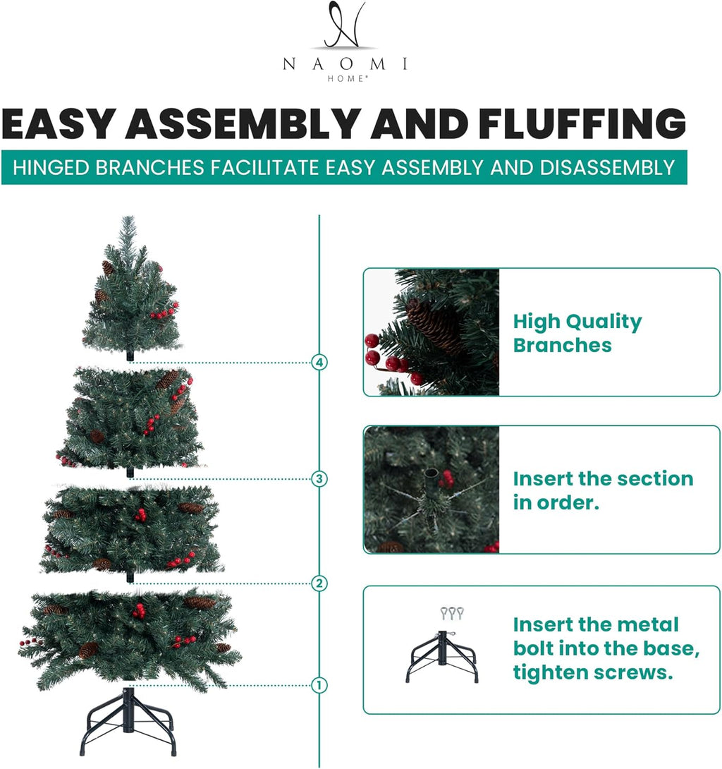 Naomi Home Belen 6.5ft Pencil Christmas Tree Prelit pre-Decorated with Pine Cones, Red Berries, 754 Branch Tips, 250 Warm Lights and Metal Stand, 30" Wide Skinny Christmas Tree with Lights