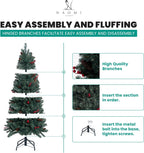 Naomi Home Belen 6.5ft Pencil Christmas Tree Prelit pre-Decorated with Pine Cones, Red Berries, 754 Branch Tips, 250 Warm Lights and Metal Stand, 30" Wide Skinny Christmas Tree with Lights