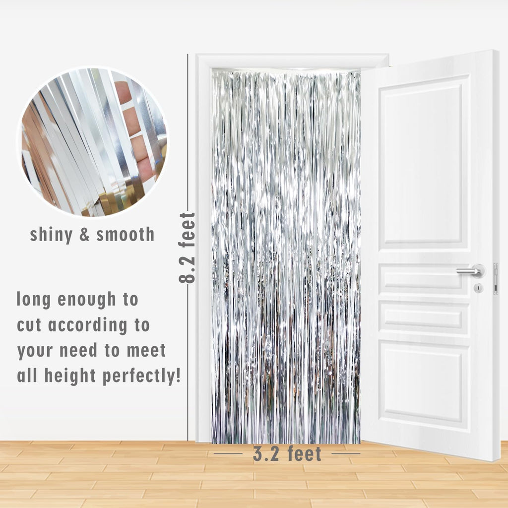 GOER 3.2 ft x 8.2 ft Metallic Tinsel Foil Fringe Curtains Party Photo Backdrop Party Streamers for Birthday,Graduation,New Year Eve Decorations Wedding Decor (Silver,5 pcs)