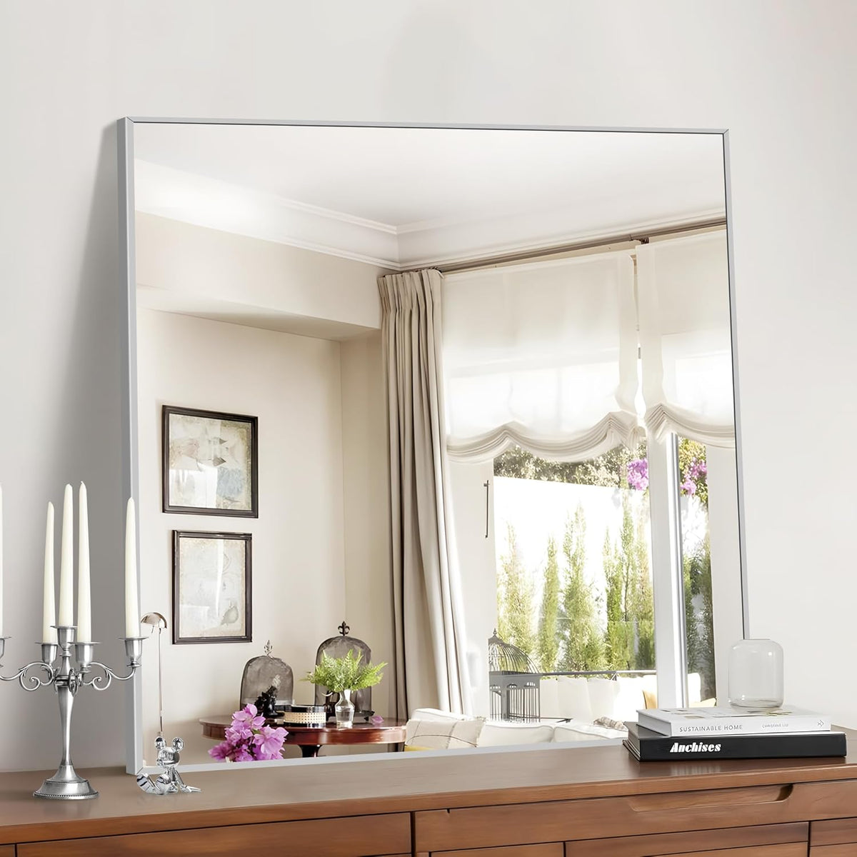 Silver Bathroom Mirror for Wall, 30x30 Inch Rectangle Mirrors with Metal Frame, Modern Vanity Wall Mirror Decor for Bathroom Living Room, Entryway Hangs Horizontal or Vertical