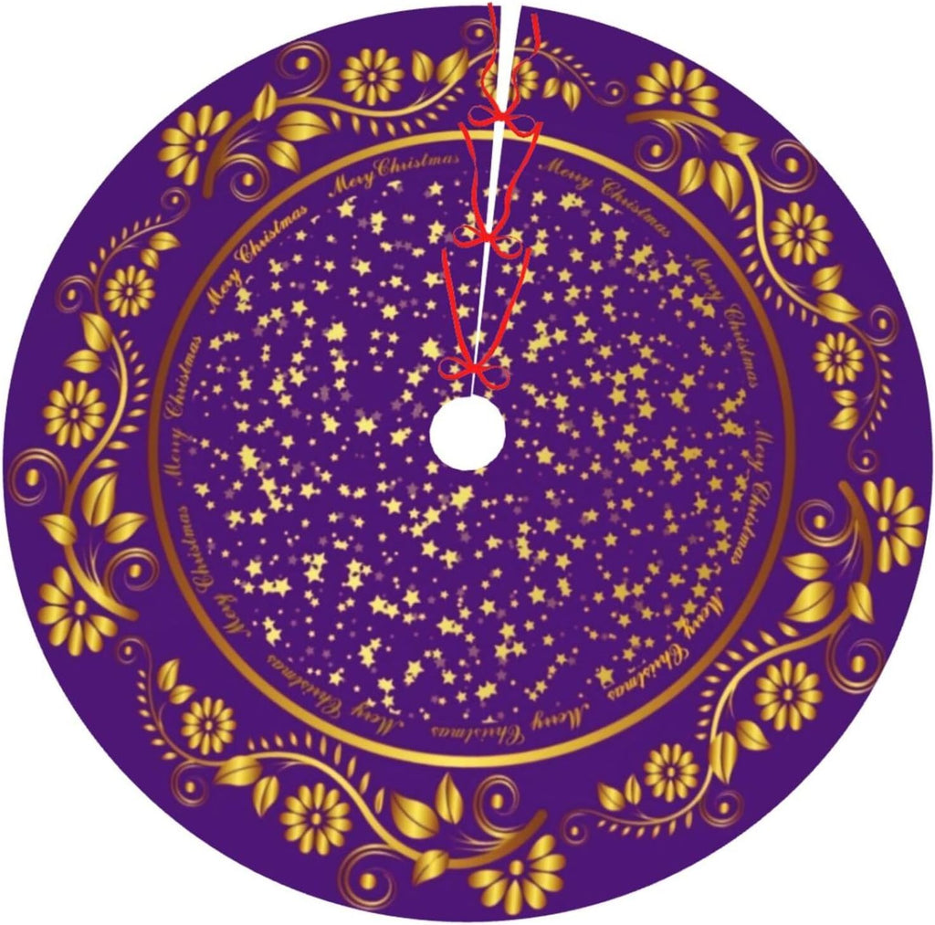 48" Large Christmas Tree Skirt, Elegant Modern Purple Gold Pattern Tree Mat Base Cover for Xmas Festive Holiday Party Decoration Ornaments