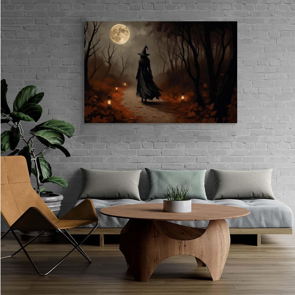 JFHCQJPK Moonlight witch poster dim lantern Halloween decoration Gothic style dark retro college style canvas wall art suitable for living room bedroom8x12in Frameless