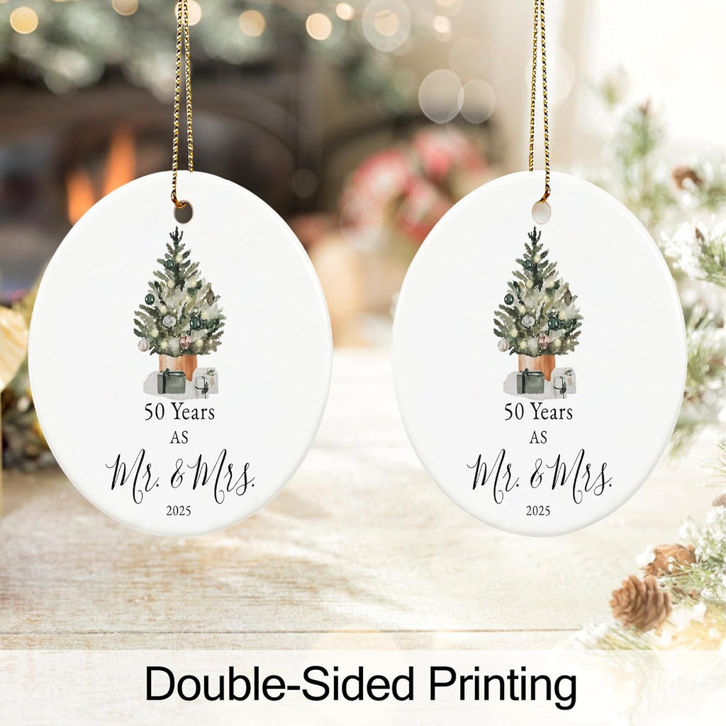 50th Anniversary Ornament Gifts for Parents,Couple, 50th Wedding Anniversary for 50 Year as Mr and Mrs Gifts, Ceramic Keepsake 50th Anniversary Christmas Ornaments with Ribbon and Box