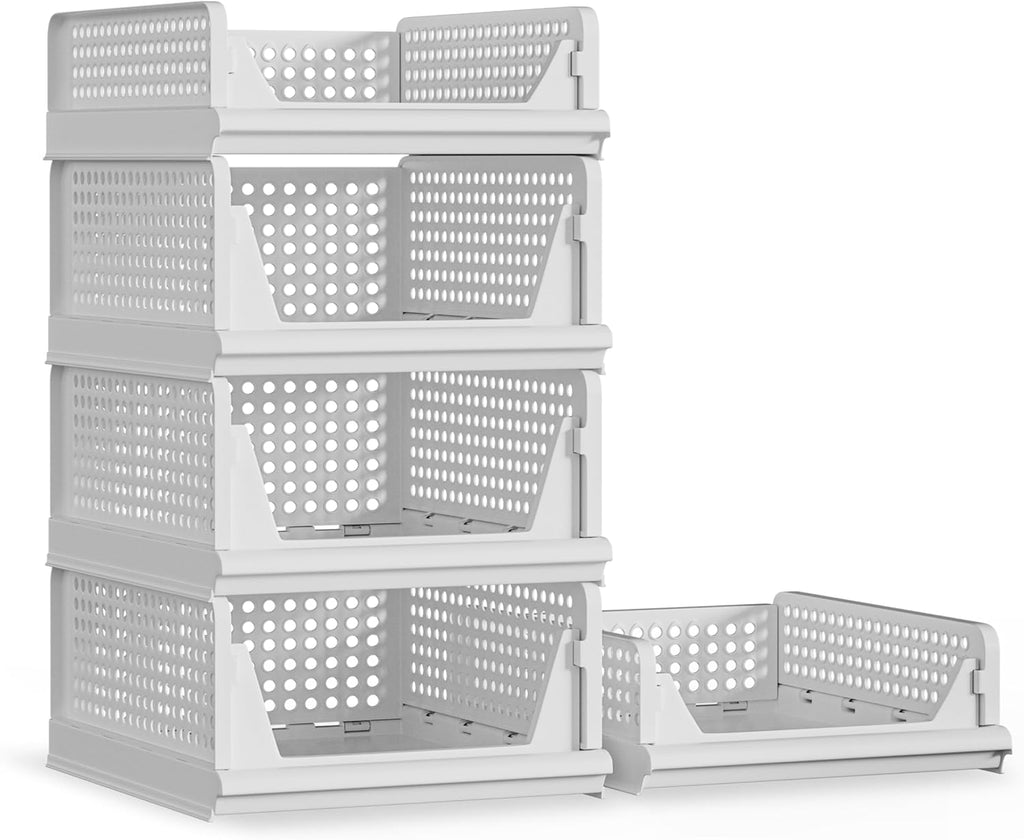5 Pack Stackable Plastic Storage Basket Closet Organizer Bin Foldable Clothes Organizer Storage Drawer Shelf Container for Living room Bathroom Kitchen Office (3L+2S)
