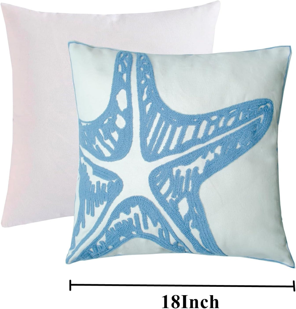 Embroidered Decorative Throw Pillow Cover, 18"x18" Set of 2, Farmhouse Pillowcase Blue Sea Star Knit Pattern Cotton Canvas Cushion Case Square Floral Pillow Case for Sofa Couch Bed Living Room