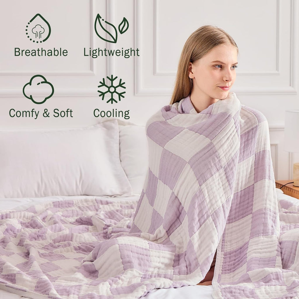 EMME Checkered Cotton Blanket Queen Size for Bed Soft Large Muslin Bed Blankets 80"x90" Lightweight Breathable Cooling All Season, Lavender