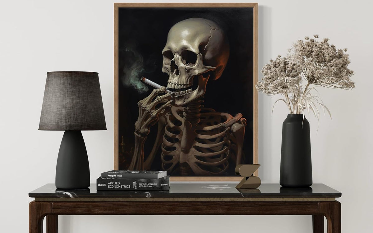 Skull Smoking Ciggarettes Poster Art Print, Halloween Scary Vintage Wall Art Academia Spooky Painting Decoration for Horror Prints, Gothic Posters Bedroom Decor 89 (Skull Smoking Ciggarettes, 16 x 20 inches, Wood Frame)
