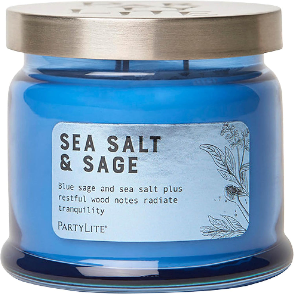 PartyLite Sea Salt & Sage Scented, Notes of Salted Air, Sea-Soaked Sage, Driftwood, Coconut and Sandalwood, 13.2oz 3-Wick Jar Candle, 45 Hour Burn Time, Luxurious Fragrance, Perfect for Gifting