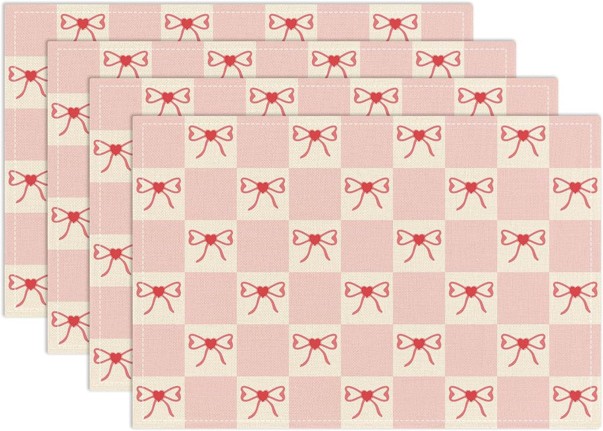 Pink Bow Placemats Set of 4, Table Mat for Home Kitchen, Restaurants, Outdoor Linen Washable Place Mats 12x18 inch Party Event Dining Decoration-03