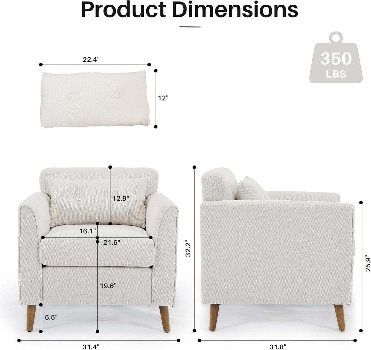 Modern Accent Chair with Wooden Legs Plush Fabric Armchair Chenille Side Single Sofa Chair for Bedroom, Office Cafe Waiting Room Apartment (Beige Armchair)