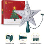 8" Silver Glittered Hollow Christmas Star Tree Topper with Built-in 10-Bulb String Lights and 2 Fuses for Holiday Decor, Green Base