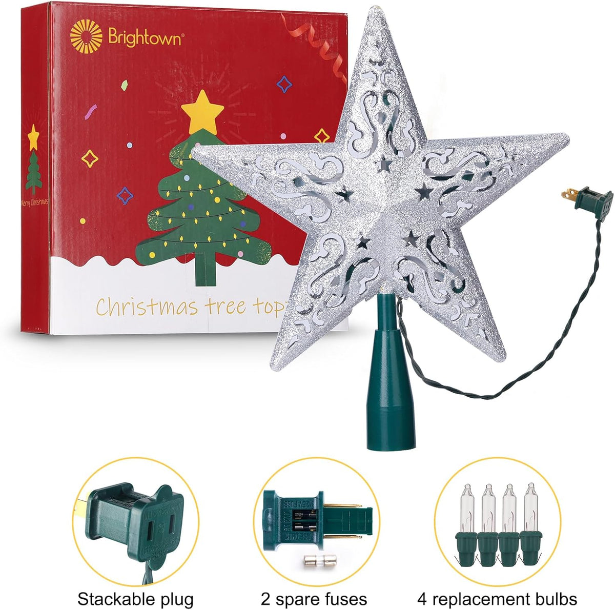 8" Silver Glittered Hollow Christmas Star Tree Topper with Built-in 10-Bulb String Lights and 2 Fuses for Holiday Decor, Green Base
