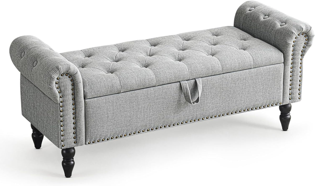 Furniliving 51” Bedroom Bench, End of Bed Bench with Button-Tufted Large Upholstered Storage Bench Ottoman Linen Window Benches with Storage Shoe Cabinet, for Bedroom, Entryway, Closet, Grey