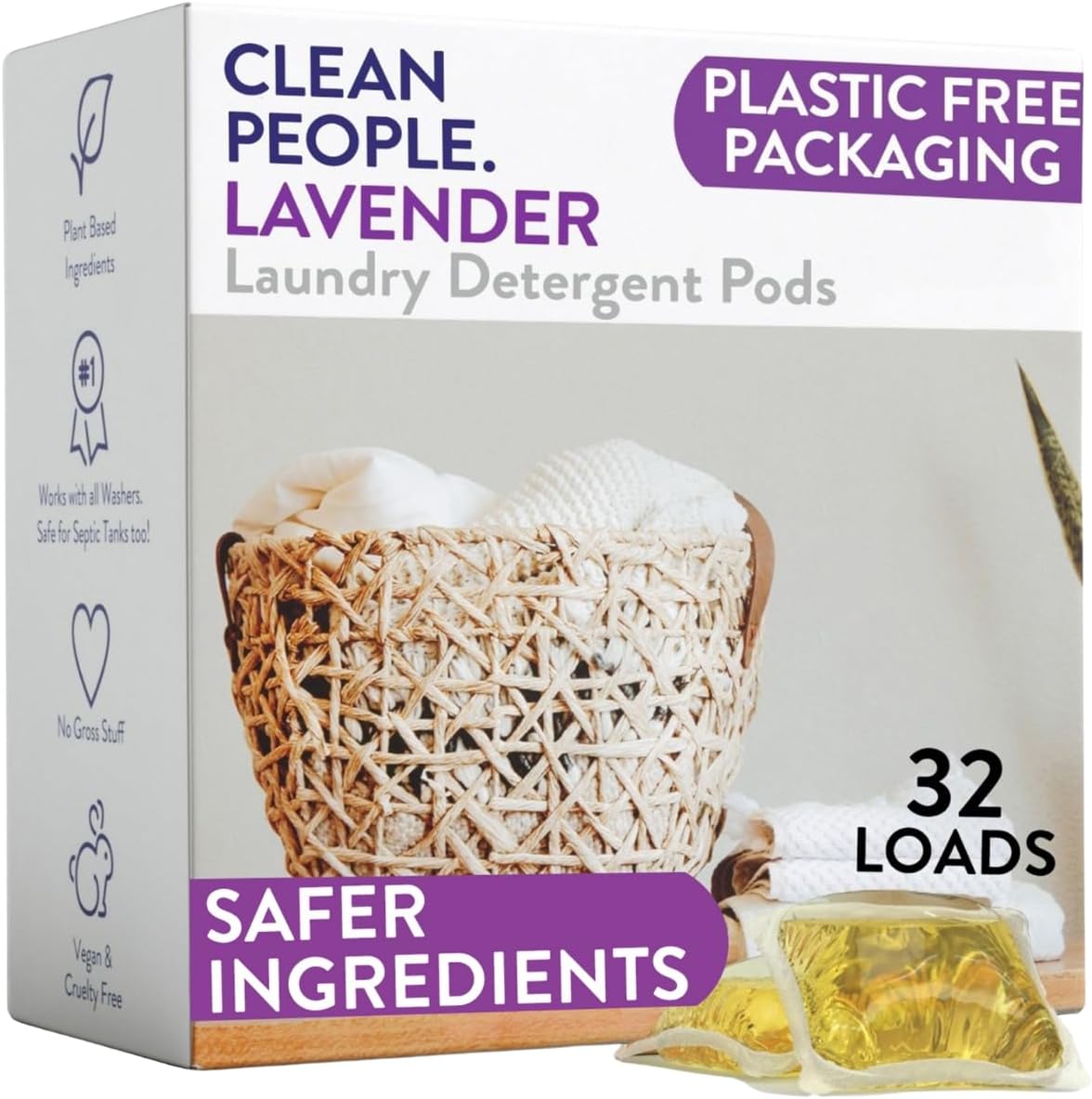 The Clean People Laundry Detergent Pods - Hypoallergenic Laundry Pods - Ultra Concentrated, Recyclable Packaging, Stain Fighting - Lavender, 32 Pack