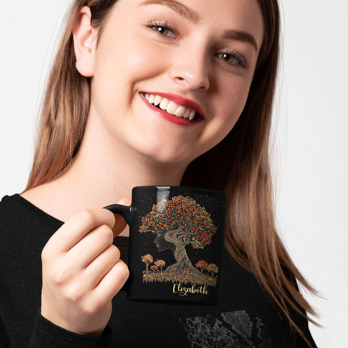 Custom Name Coffee Mug 11oz 15oz, Unique Nature Inspired Coffee Cup for Women, Personalized Vibrant Nature Themed Black Cup, Artistic Tree Ceramic Mug, Gifts for Women's Day