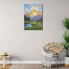 The mountain stream and lawn scenery under the sun is suitable for posting in the living room bedroom office landscape poster wall painting