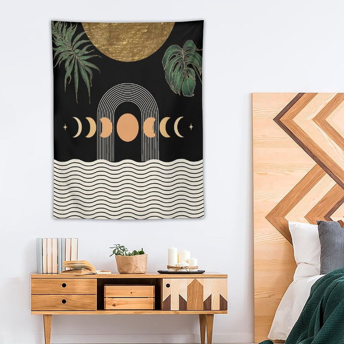 Abstract Boho Tapestry, Mid Century Tropical Tree Leaves Modern Geometric Arch Bohemian Botanical Tapestry, Home Aesthetic Wall Hanging Art Decor for Living Room Bedroom Dormitory 60x60 Inch