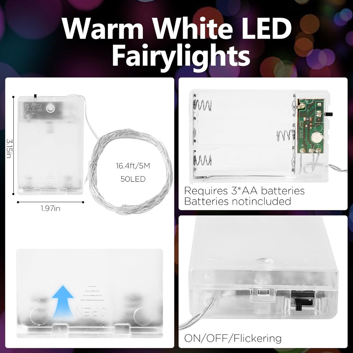 Fairy Lights Battery Operated String Lights 16.4ft 50LED Flashing and Constant Light Waterproof Silver Wire for Christmas DIY Party Bedroom Wedding (Multicolor, 4 Pack)