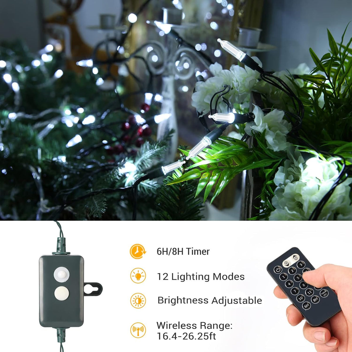 Brizled Christmas Lights, 33ft 100 LED Color Changing Christmas Tree Lights Connectable with Remote, 12 Modes Cool White & Colored Xmas Lighting, Clear Mini Xmas Lighting for Indoor Outdoor Home Decor