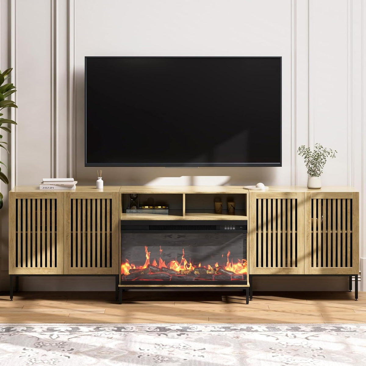 3-Sided Glass Farmhouse Fireplace TV Stand for TVs Up to 100 Inch, Entertainment Center with 36" Electric Fireplace, Oak TV Console with Storage Cabinets for Living Room