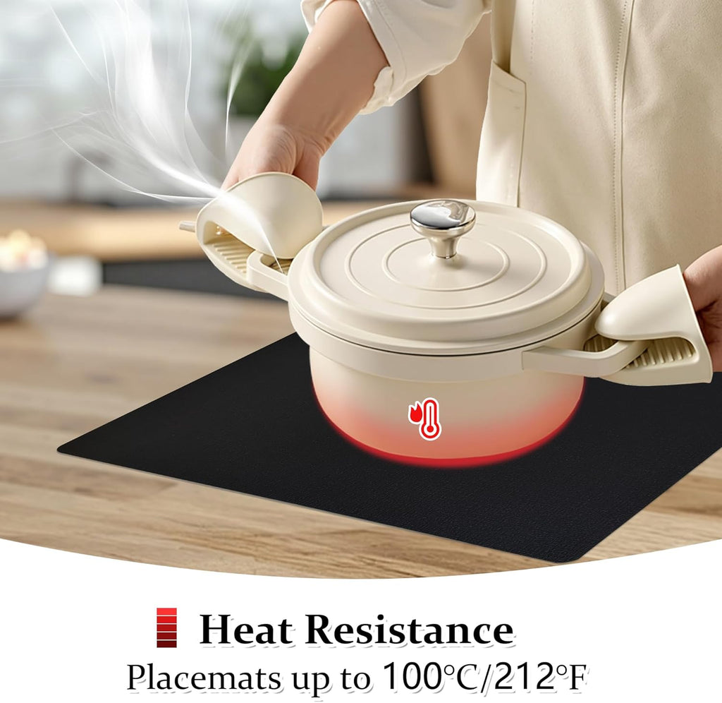 FROMHEART Faux Leather Placemats Set of 8–Waterproof,Heat/Oil Stain-Resistant PU Table Mat–Reversible,Non-Slip,Easy to Clean Place Mats for Kitchen,Dining,Indoor/Outdoor,(Black,11.8" x 17")