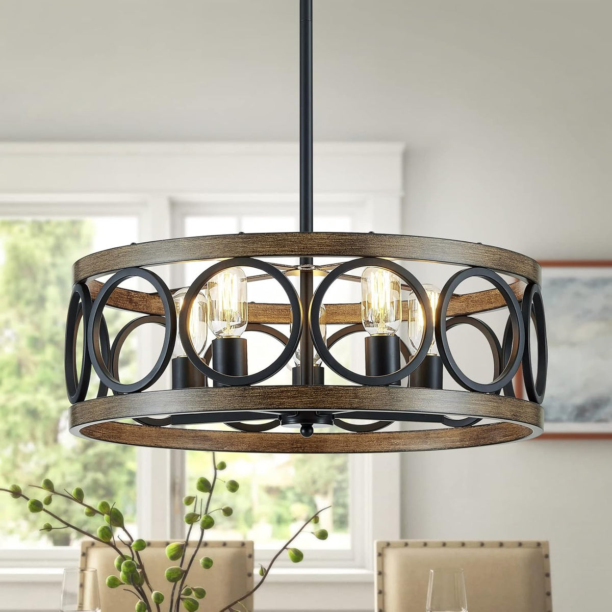 XINGQI 21.7'' Modern Chandelier, Farmhouse Drum Chandeliers for Dining Room Living Room Bedroom 5-Light Pendant Lighting Round Black Metal Antique Wood Grain Finish Adjustable
