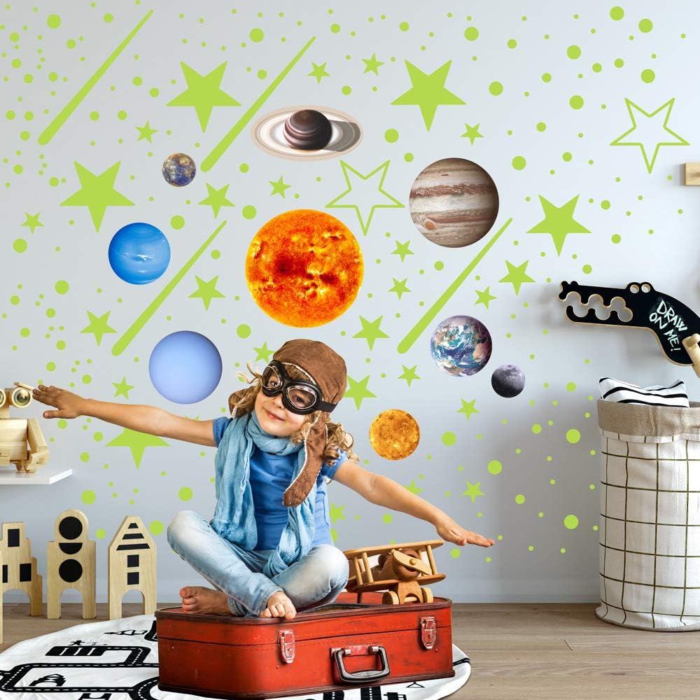 Quanhaigou Glow in The Dark Stars and Planets, Bright Solar System Wall Stickers -Glowing Ceiling Decals for Kids Room,Shining Space Decoration