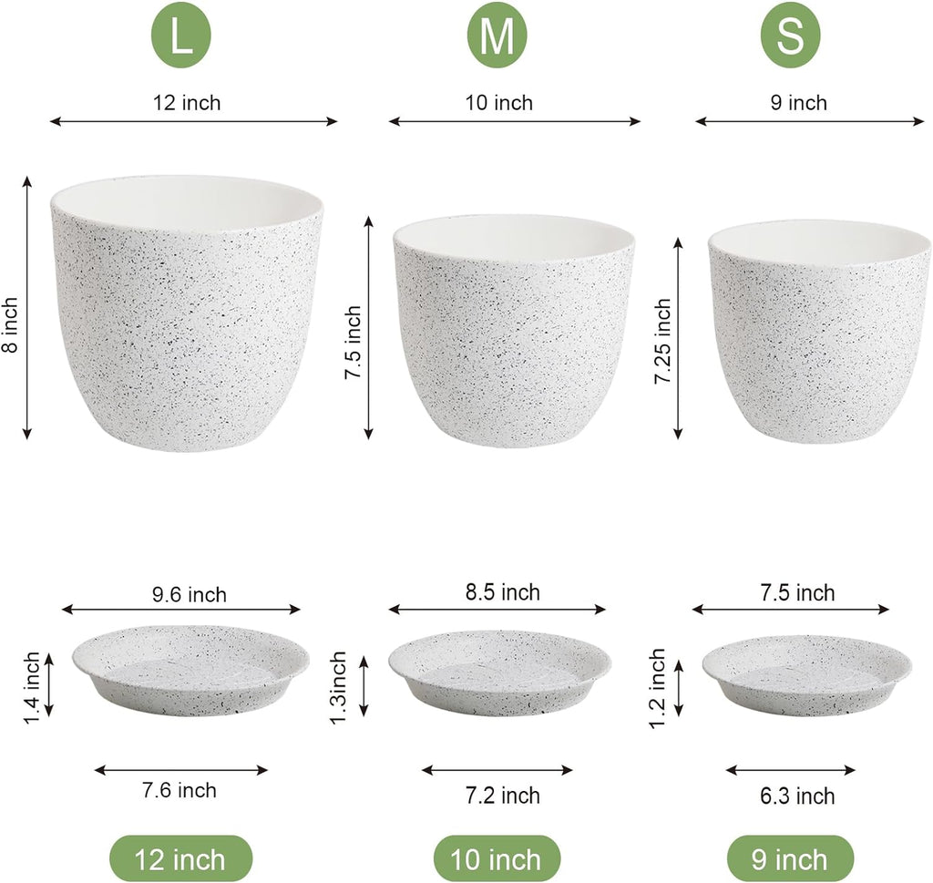 Large Flower Pots 12/10/9 inch, Set of 3 Modern Decorative Plastic Planters with Drainage Holes and Saucers for Garden House Plants, Plant Pots for Indoor Outdoor Plants, Speckled White