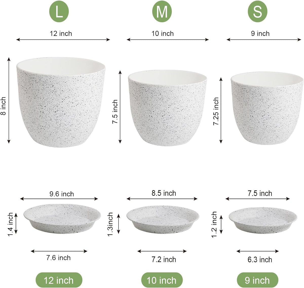 Large Flower Pots 12/10/9 inch, Set of 3 Modern Decorative Plastic Planters with Drainage Holes and Saucers for Garden House Plants, Plant Pots for Indoor Outdoor Plants, Speckled White