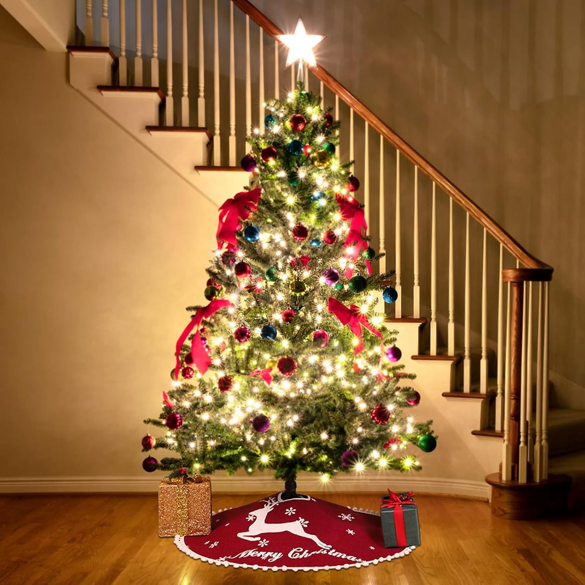 48 Inch Christmas Tree Skirt, Burlap Red Christmas Rustic Tree Skirt with Elk Deer and White Snowflake Printed for Holiday Party Xmas Tree Decoration