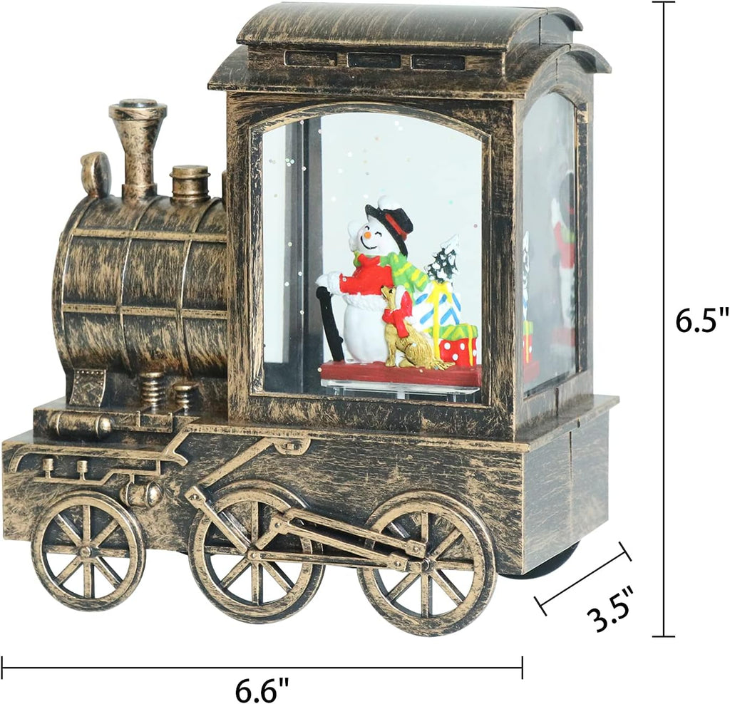 GenSwin Christmas Snow Globe Lantern Train Water Swirling Glitter with 6H Timer, Musical LED Lighted Battery Operated Snowman Scene for Christmas Home Decoration and Gift(Copper)