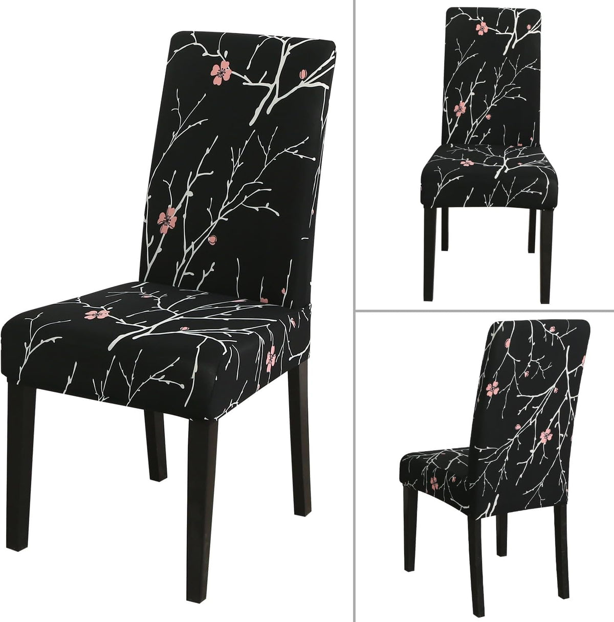JQinHome Pattern Chair Covers for Dining Room Set of 4, High Stretch Removable Washable Parsons Chair Slipcover for Home Party Hotel Wedding Ceremony (Flourish Black,4PCS)