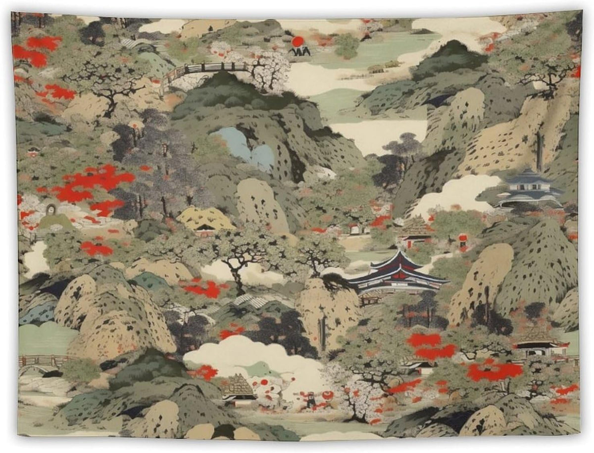 Asian Tapestry,Japanese Red Landscape Asian Watercolor Abstract Art Tapestry, Asian Japanese Wall Tapestry, Nature Landscape Tapestries for Bedroom Living Room Decor 60"x40"