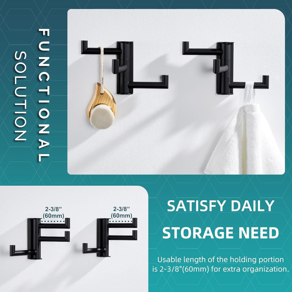 Angle Simple Swivel Towel Hooks for Bathroom, SUS 304 Stainless Steel Foldable 3 Arms Robe Towel Holder, Shower Wall Coat Hooks, Matte Black, 2 Pack