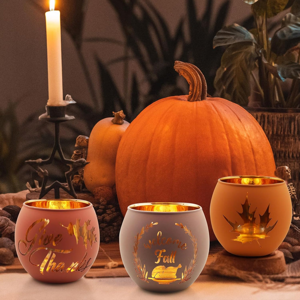 Thanksgiving Votive Candle Holder Set of 6, Glass Votives Holder with 6 Laser Engraving Patterns, Tealight Holders Bulk for Fall Table Centerpiece Decor