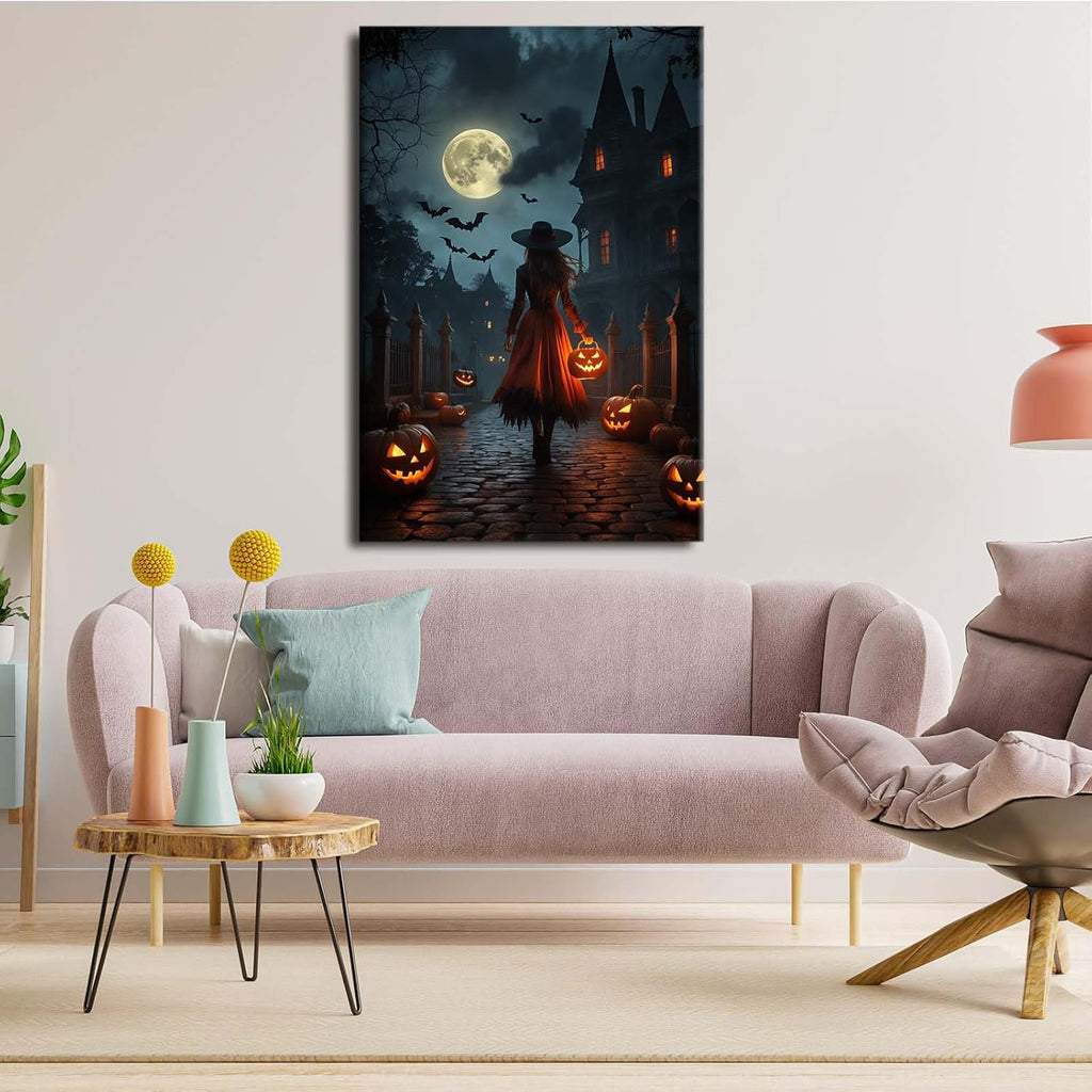 JFHCQJPK Halloween theme poster moonlit autumn night witch vintage poster art print dark college style gothic painting canvas wall decoration bedroom living room ideal gift20x30in Frameless