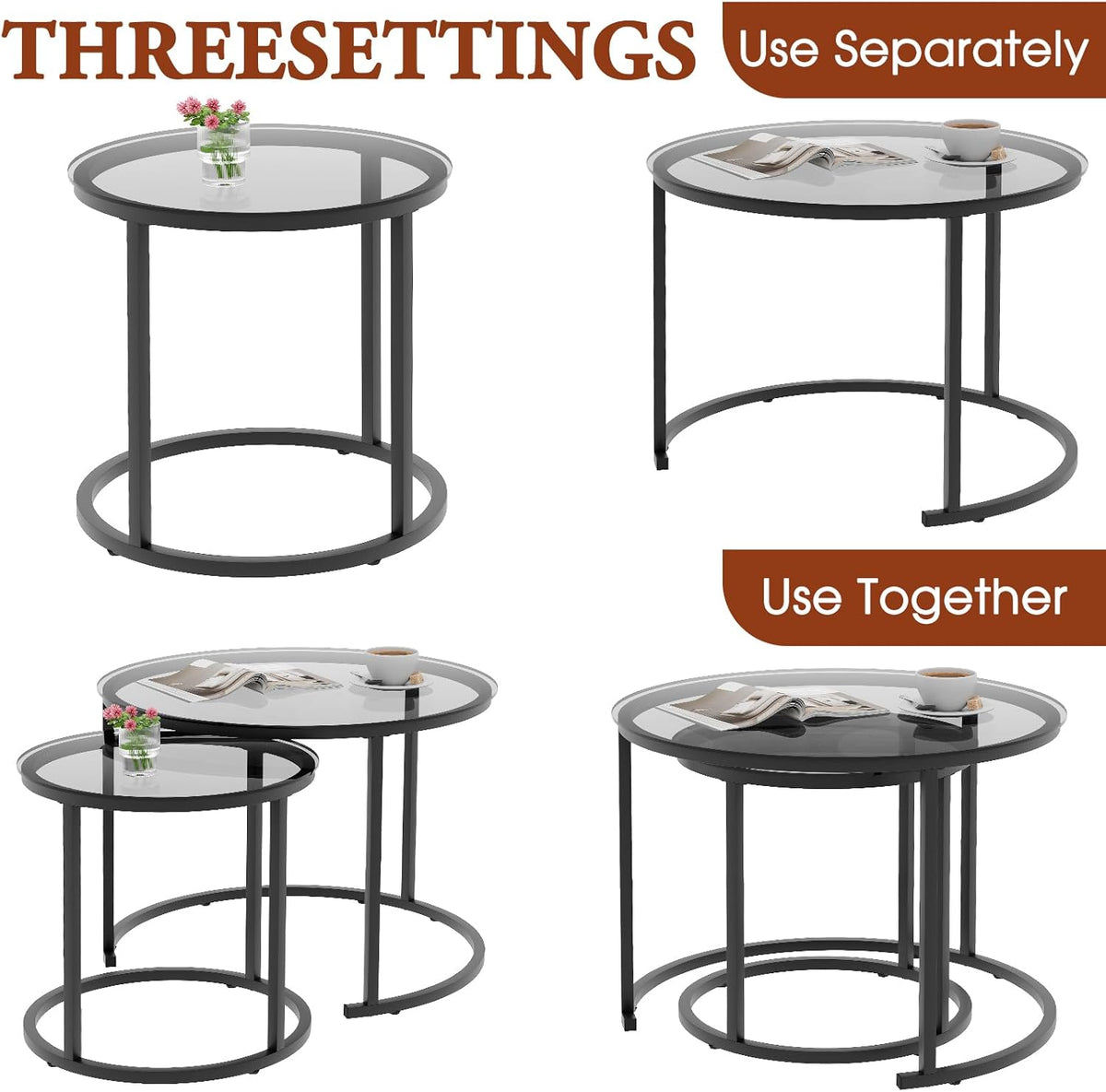 aboxoo Nesting Coffee Table Grey Glass Table Set of 2, Small Round Glass Nesting Tables for Living Room Bedroom, Accent Tea Table with Metal Frame Modern Industrial Simple