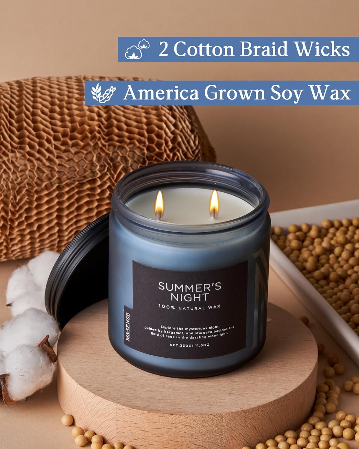 M&SENSE Summer's Night Scented Candle, 11.6oz Natural Soy Wax Clean Non Toxic for Home, Medium 2 Wick Gifts for Men, Up to 70 Hours Burn Time, Manly Candles for Bedroom