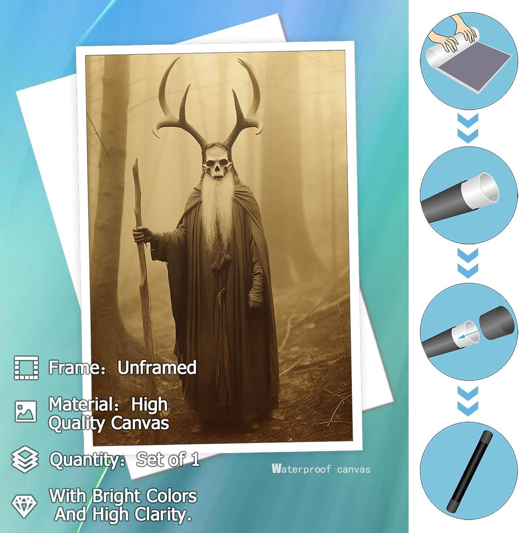 Skeleton Halloween Decor Occult Druid of the Forest Poster Canvas Wall Art Vintage Spooky Print Gothic Room Decor Dark Academia Decorations Bedroom Creepy Skull Picture 16X24inch Unframed