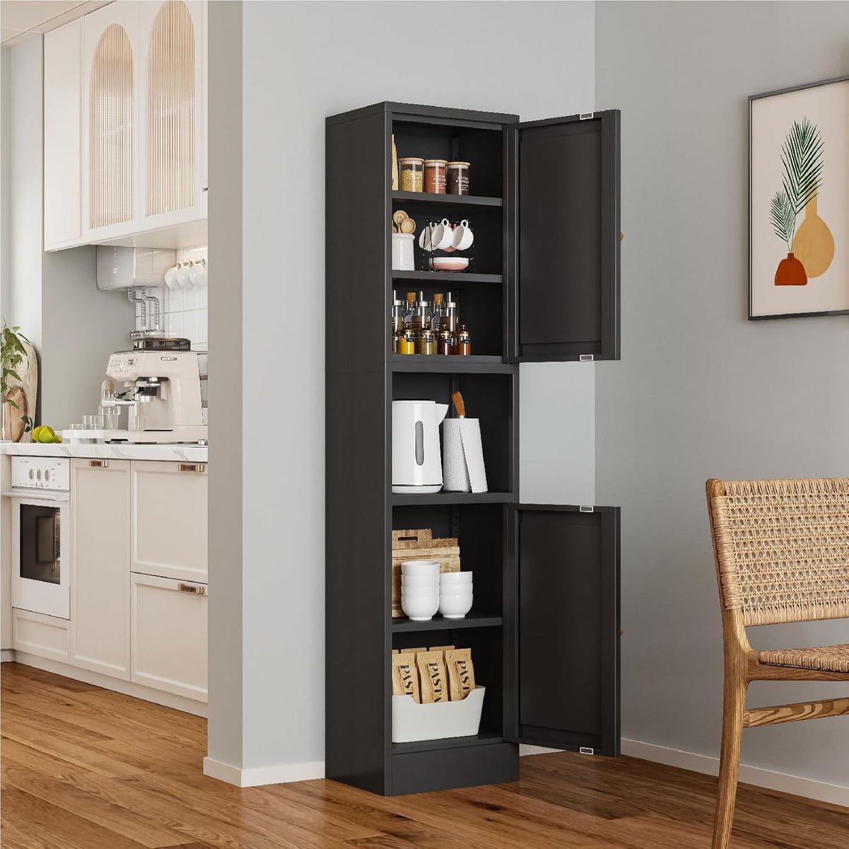 67" Tall Bathroom Storage Cabinet, Narrow Metal Floor Cabinet with 2 Doors and Adjustable Shelves, Freestanding Metal Locker for Laundry, Kitchen, Dining Room