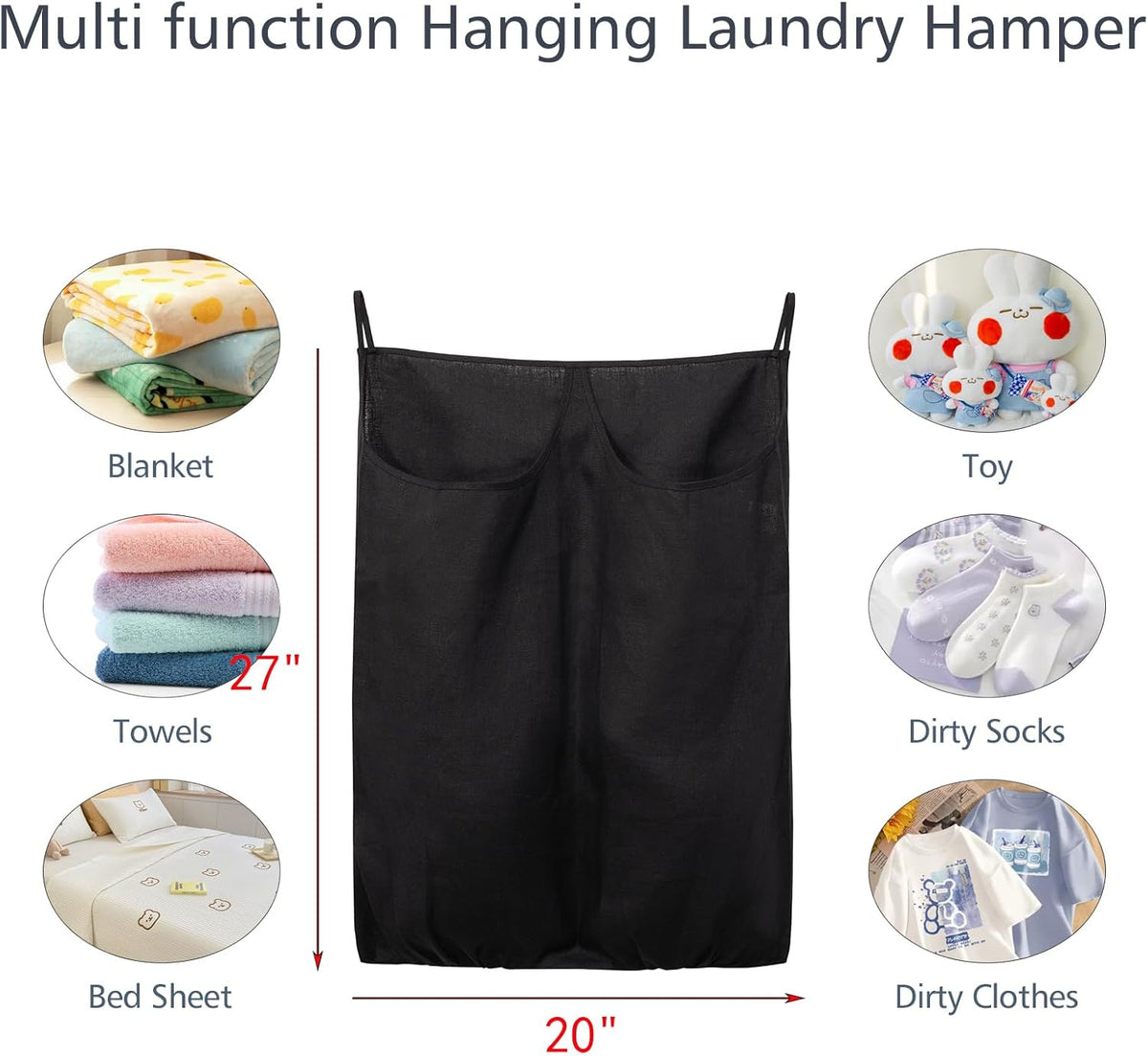 100% Pure Linen Dual Hanging Laundry Bag with 2 Deep Pocket and 2 Side Zipper 20x27in, Over The Door Laundry Hamper Space Saving Hampers for Dirty Clothes Home Travel, Black
