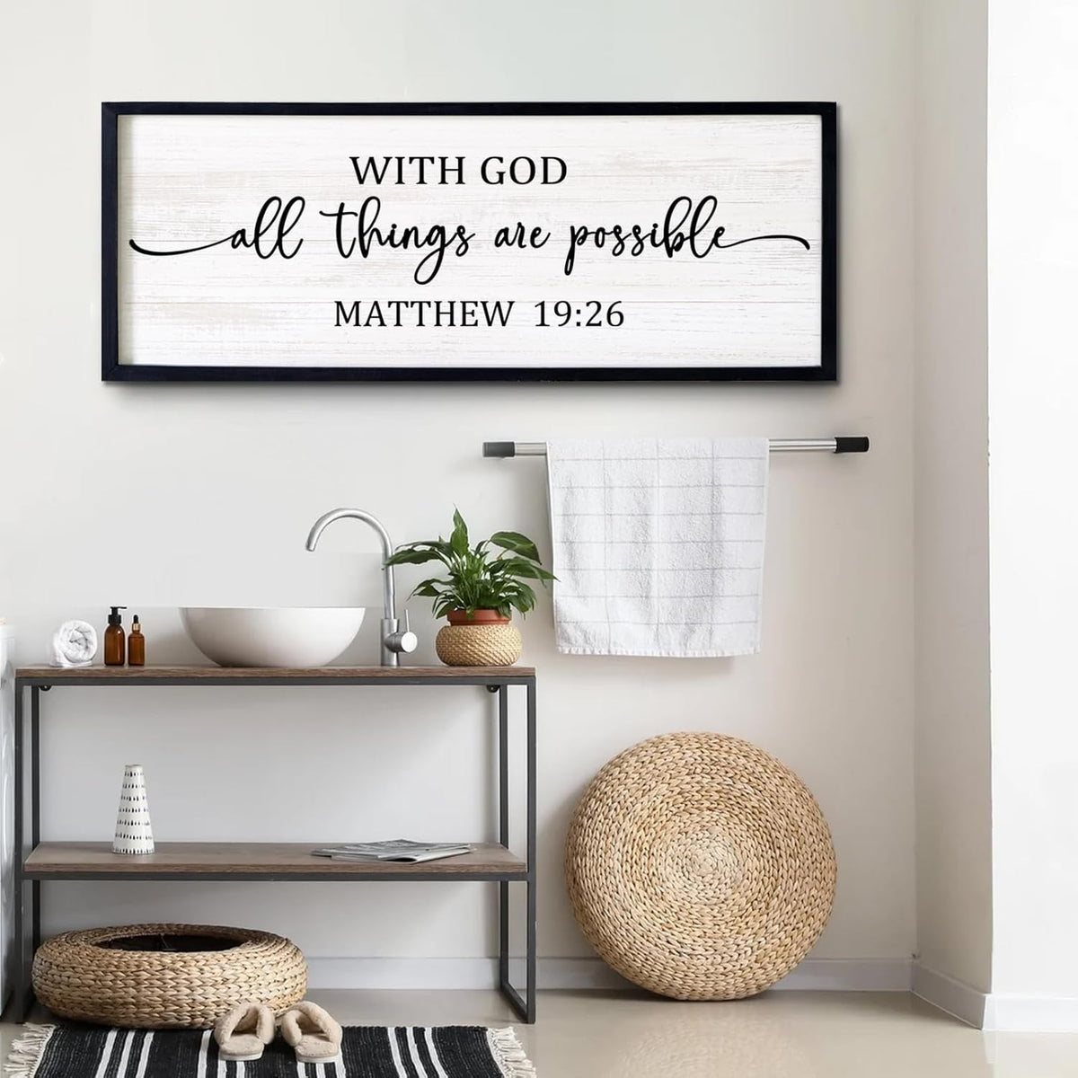With God All Things are Possible Framed Wall Art, 40''×15'' Positive Holy Religious Rustic Bible Verse for Christian God Jesus Christ Prayer, Vintage Horizontal Inspirational Catholic Scripture Decor