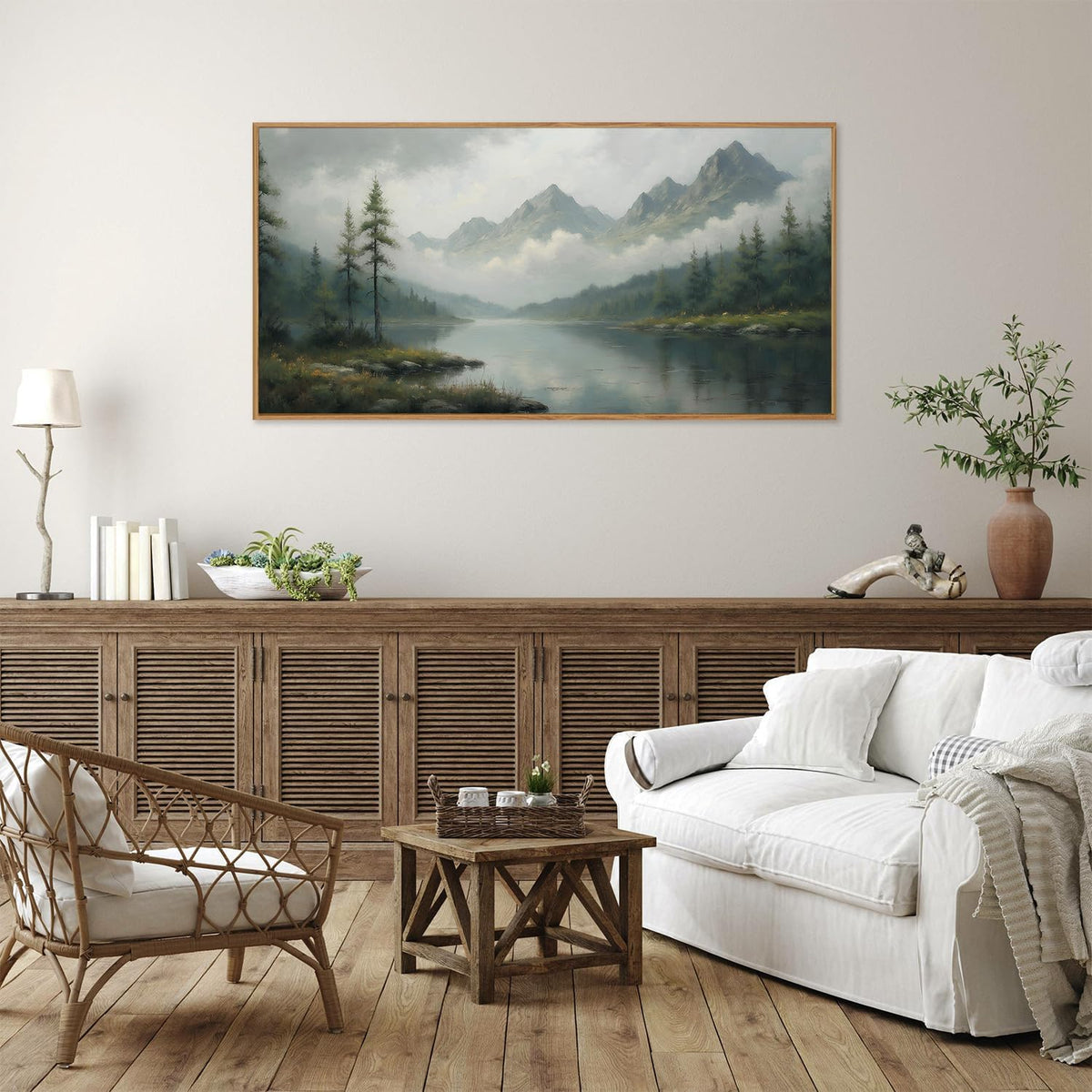 SIGNINART Large Misty Mountain Framed Canvas Wall Art, Green Forest River Scenery Wall Decor, Modern Foggy Wooden Landscape Artwork, Oil Style Nature Art Print for Living Room Bedroom Office 20"x40"