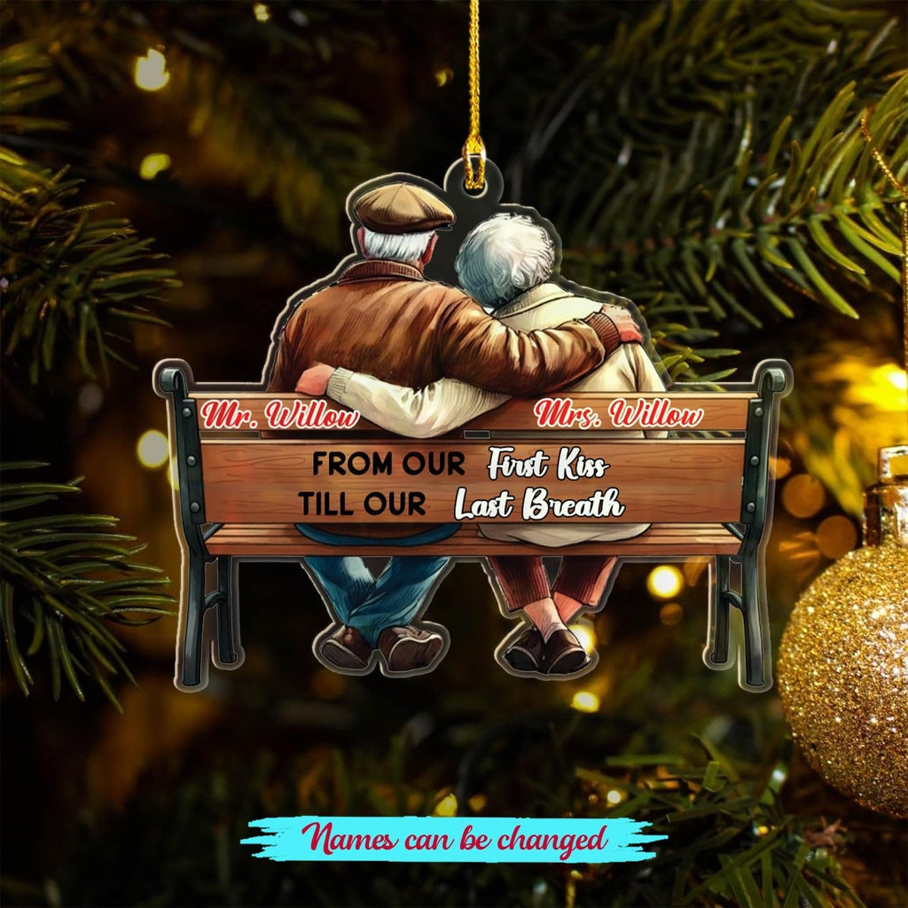 from Our First Kiss Till Our Last Breath Shaped Ornament Gift for Old Couple Husband Wife Dad Mom Grandparents, Personalized Name Mr & Mrs Together Christmas Ornament 2025, Custom Wedding Anniversary