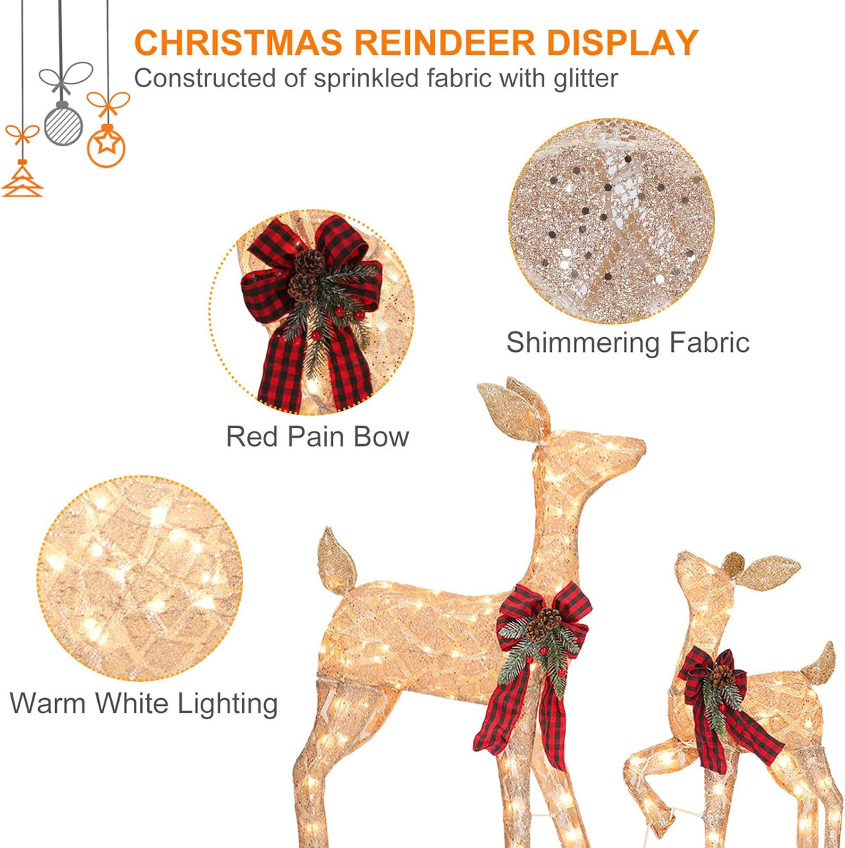 2 Pcs Reindeer Christmas Decoration, Xmas Lighted Golden Shimmering Doe and Fawn Display Set with 105 Warm White Lights for Yard Lawn Indoor Outdoor