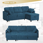 84 Inches Chenille Sectional Sofa w/Pull-Out Sofa Bed & Adjustable Back, Tufted L-Shaped Couch w/Storage Chaise, Sleeper Sectional Sofa w/USB Port & Cup Holders for Living Room, Blue